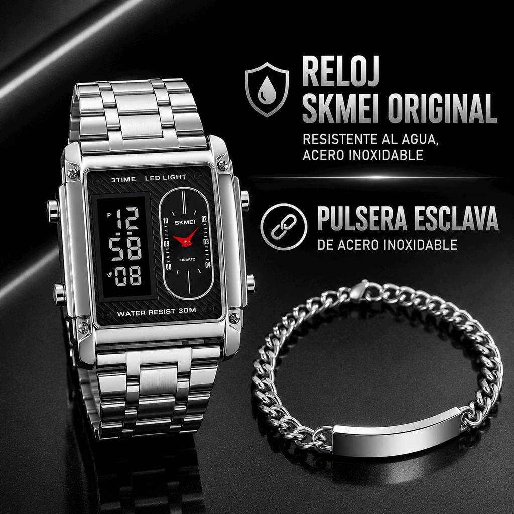 SET VECTOR STEEL: RELOJ ORIGINAL SKMEI Y PULSERA DE ACERO