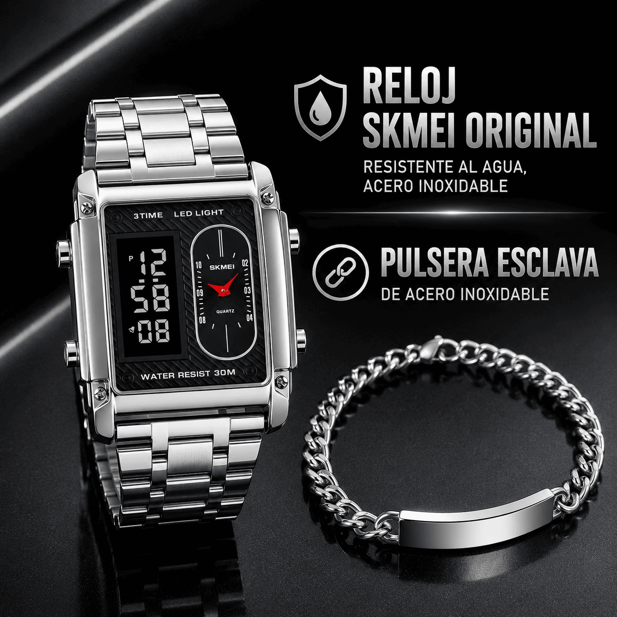 SET VECTOR STEEL: RELOJ ORIGINAL SKMEI Y PULSERA DE ACERO