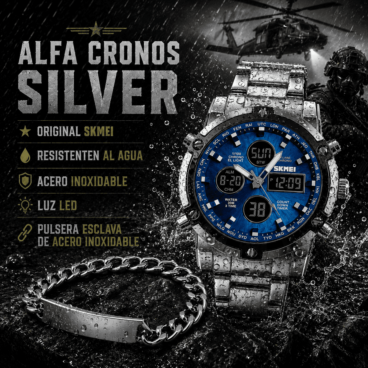 ALFA CRONOS SILVER ( RELOJ ORIGINAL SKMEI + ESCLAVA)