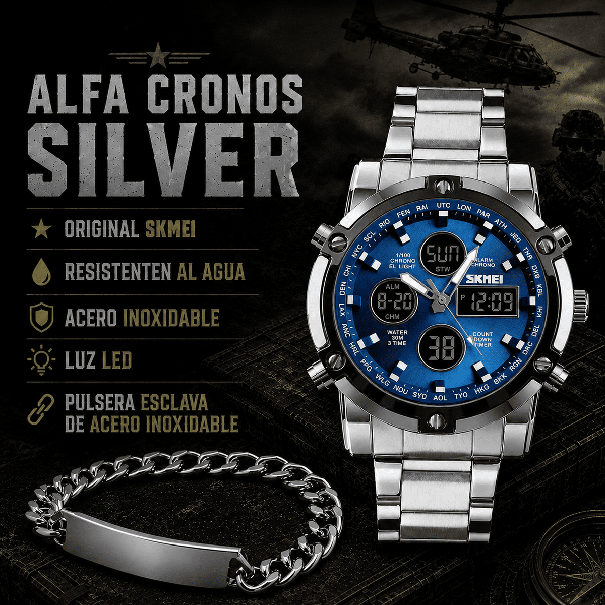 ALFA CRONOS SILVER ( RELOJ ORIGINAL SKMEI + ESCLAVA)