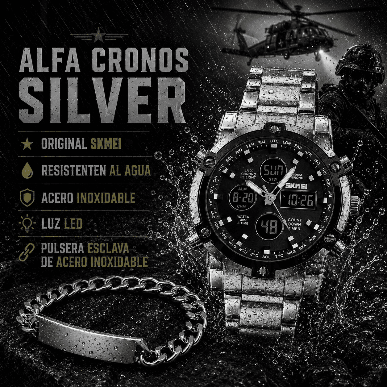 ALFA CRONOS SILVER ( RELOJ ORIGINAL SKMEI + ESCLAVA)