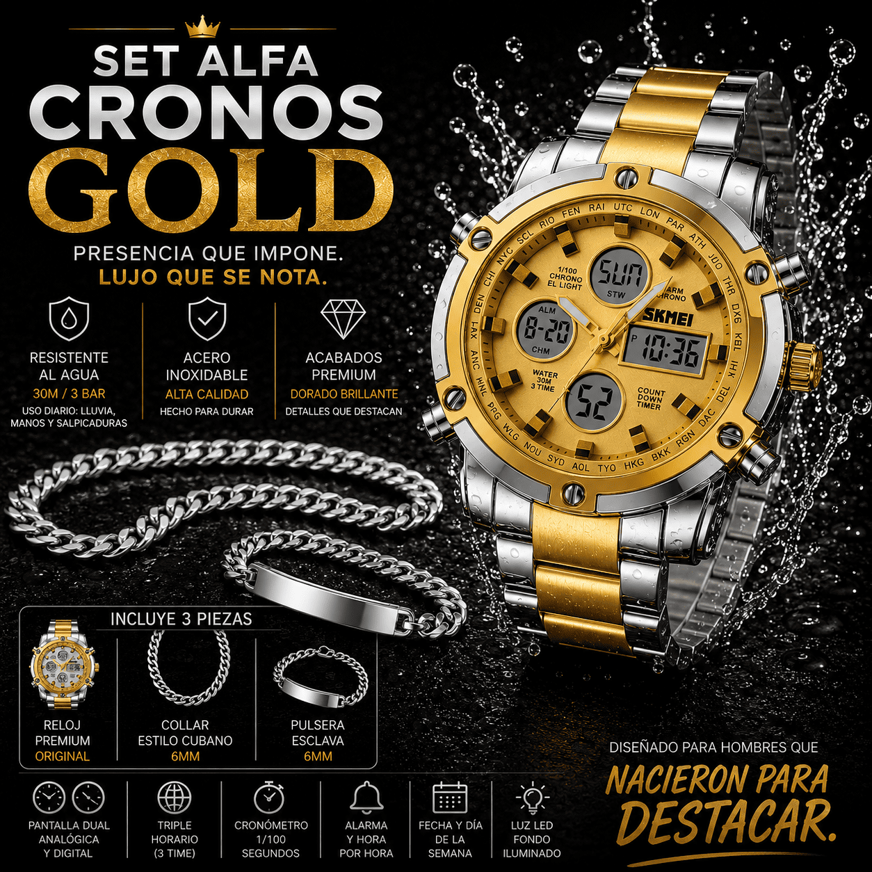 SET ALFA CRONOS GOLD ( Reloj Skmei + Pulsera + Collar)