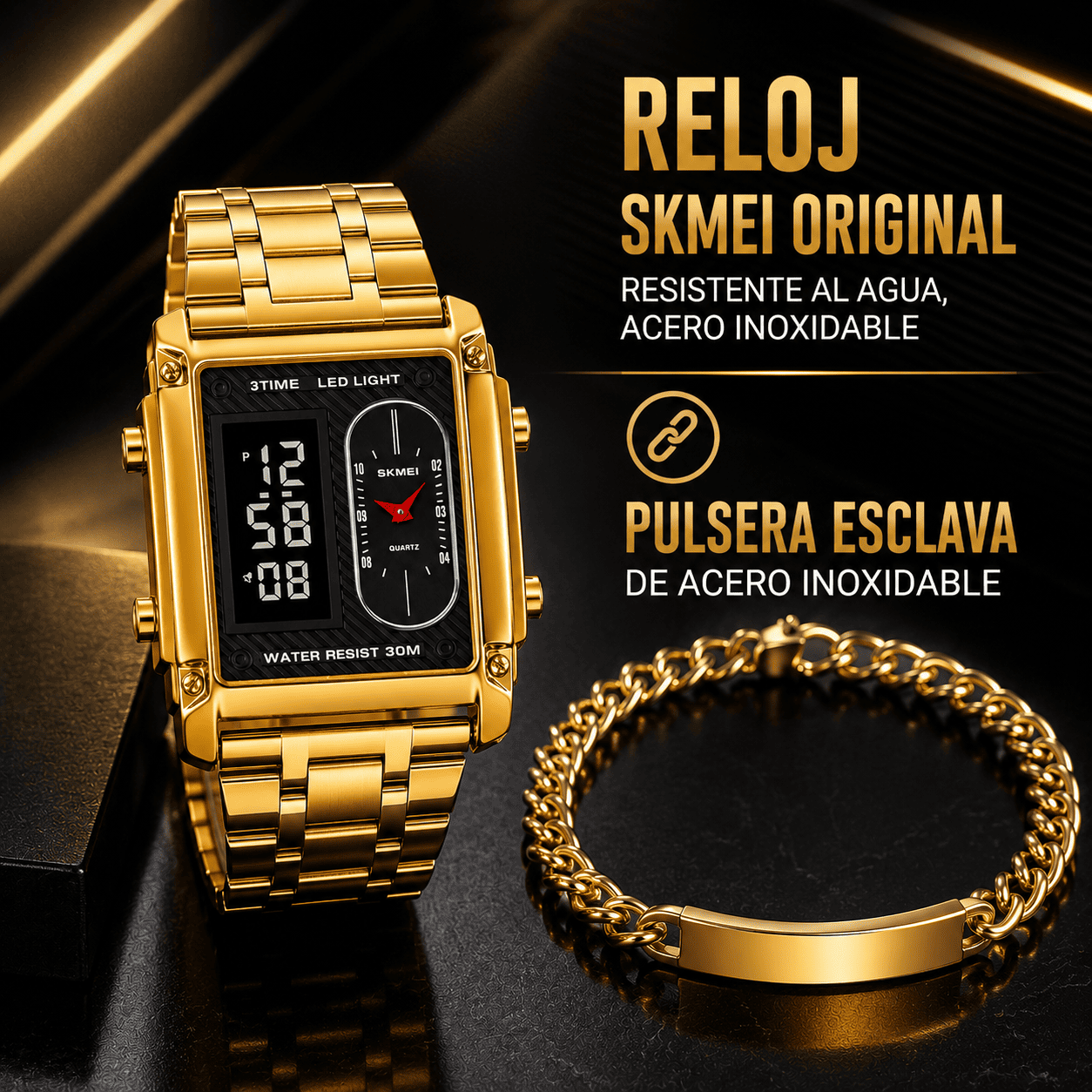 SET VECTOR STEEL: RELOJ ORIGINAL SKMEI Y PULSERA DE ACERO