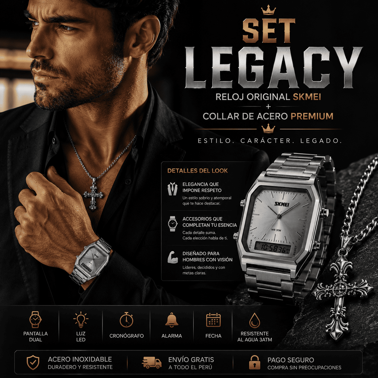 SET LEGACY : Reloj SKMEI Original + Collar Fe & Protección