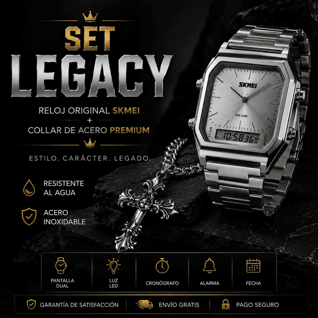 SET LEGACY : Reloj SKMEI Original + Collar Fe & Protección