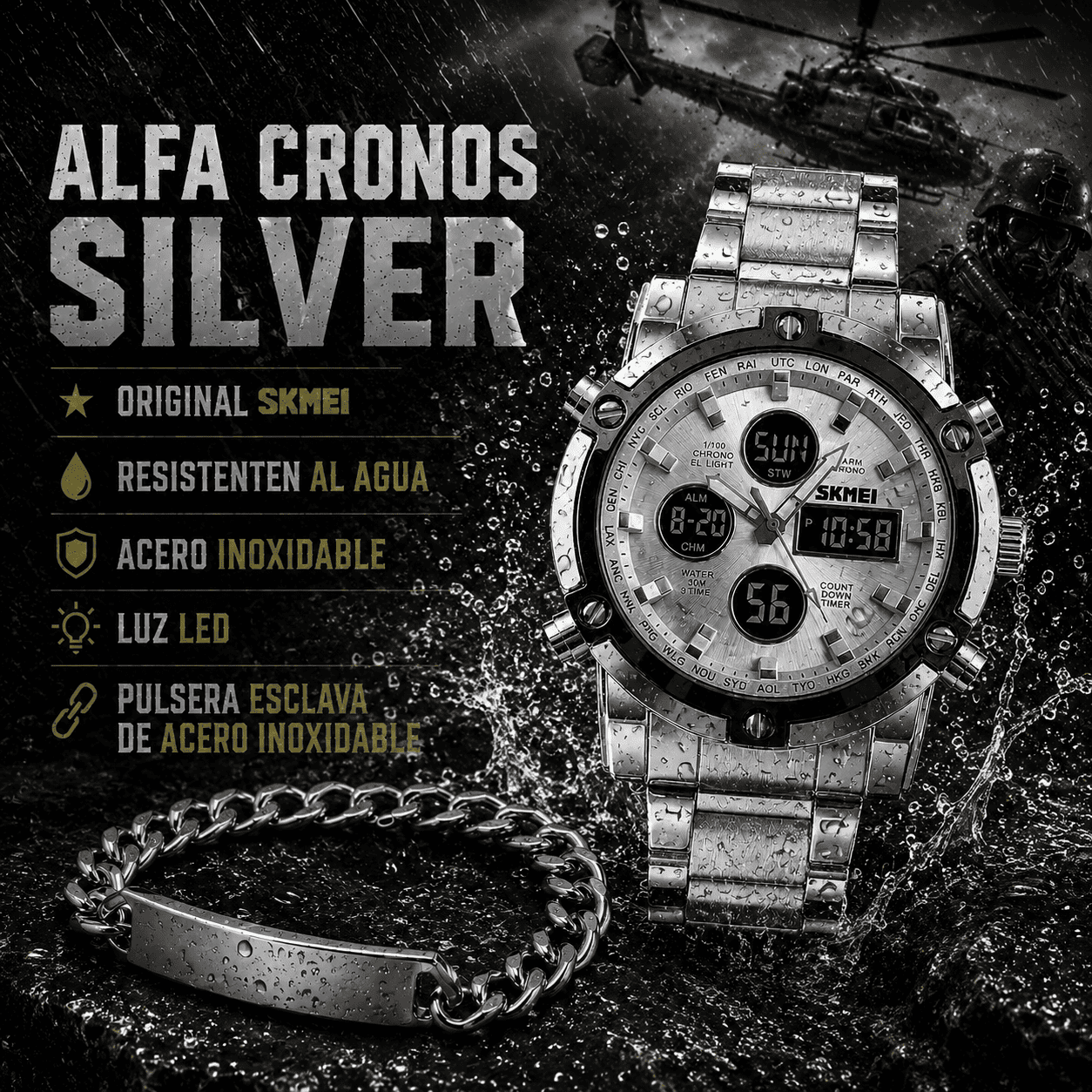 ALFA CRONOS SILVER ( RELOJ ORIGINAL SKMEI + ESCLAVA)