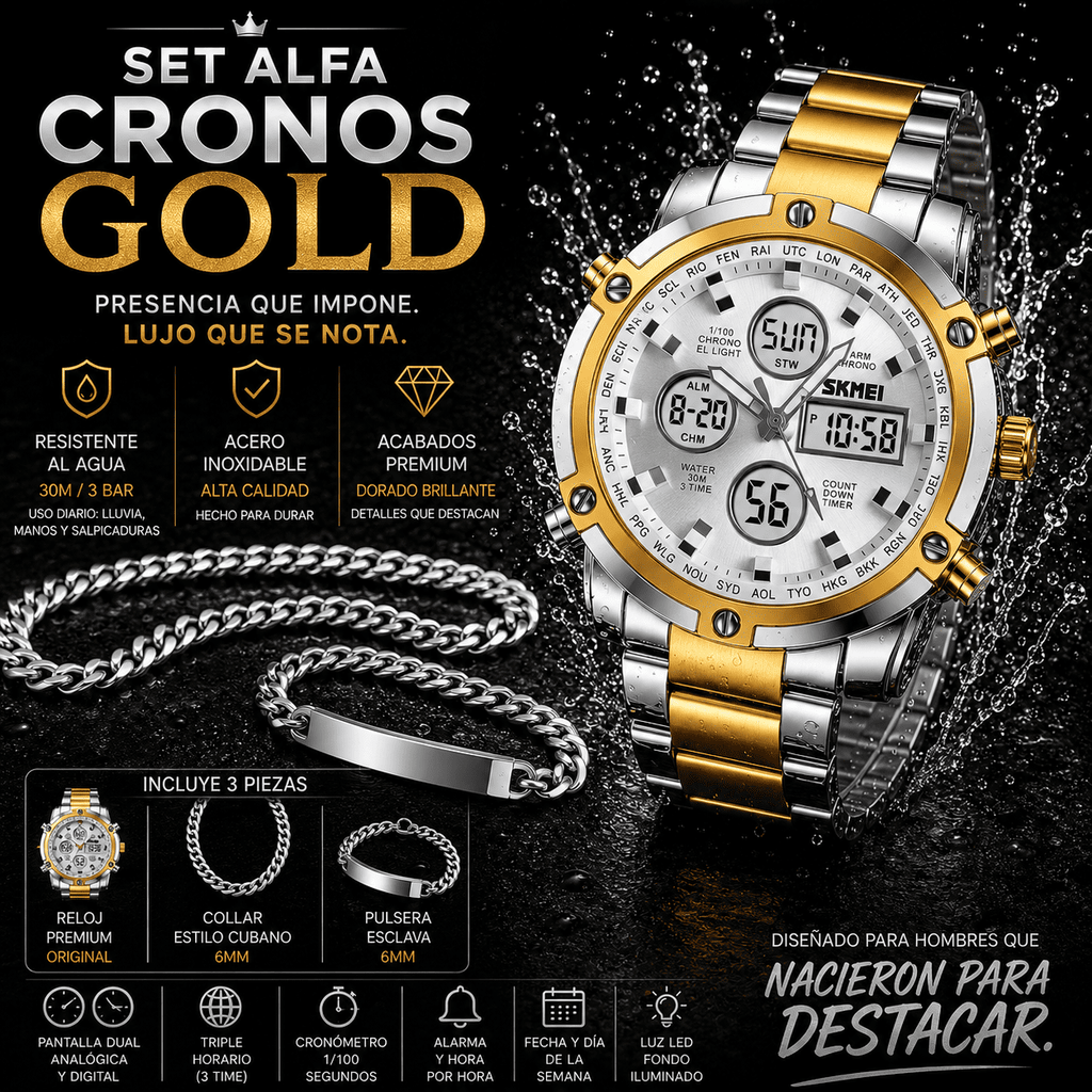 SET ALFA CRONOS GOLD ( Reloj Skmei + Pulsera + Collar)
