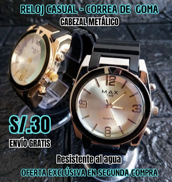 RELOJ CASUAL CABEZAL METÁLICO CORREA DE GOMA - RESISTENTE AL AGUA