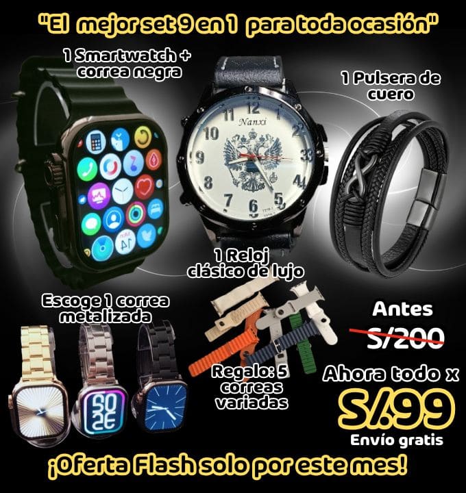 Set 9 en 1 Smartwatch 7 correas + Reloj de lujo + Pulsera de cuero trenzado.