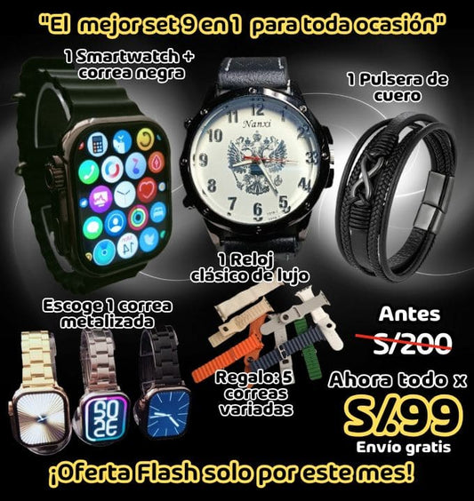 Set 9 en 1 Smartwatch 7 correas + Reloj de lujo + Pulsera de cuero trenzado.