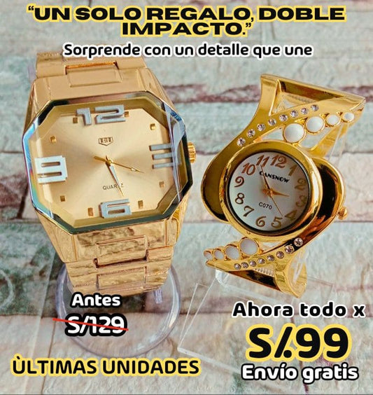 Set Alfa y Reina: Reloj diseño octogonal dorado + reloj dama tipo pulsera ajustable