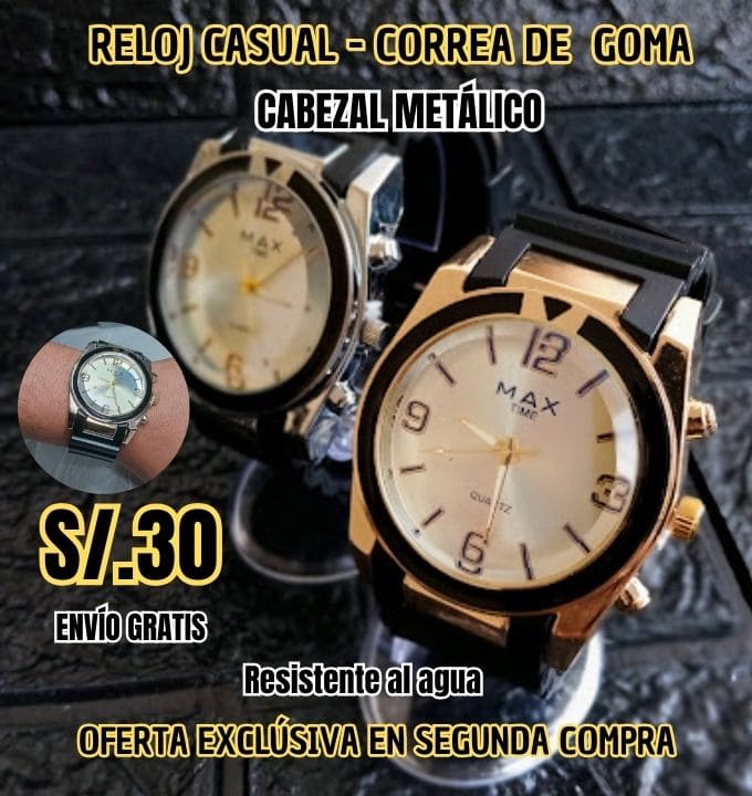 RELOJ CASUAL CABEZAL METÁLICO CORREA DE GOMA - RESISTENTE AL AGUA