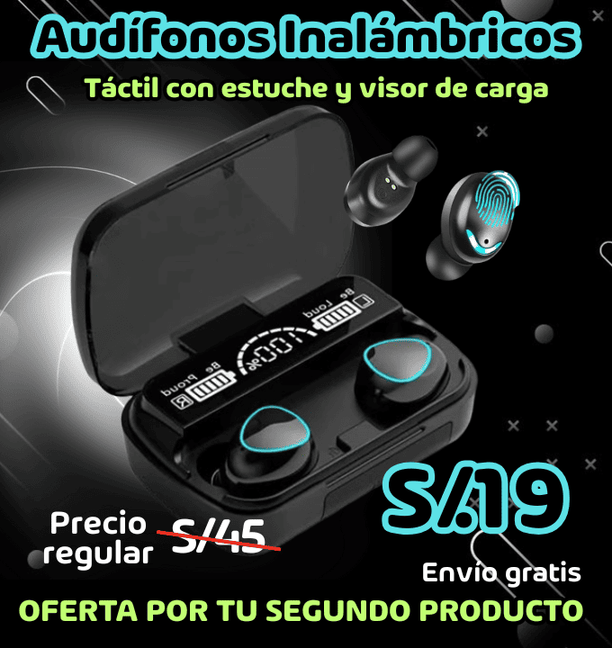 Audífonos inalámbricos con estuche y visor de carga.