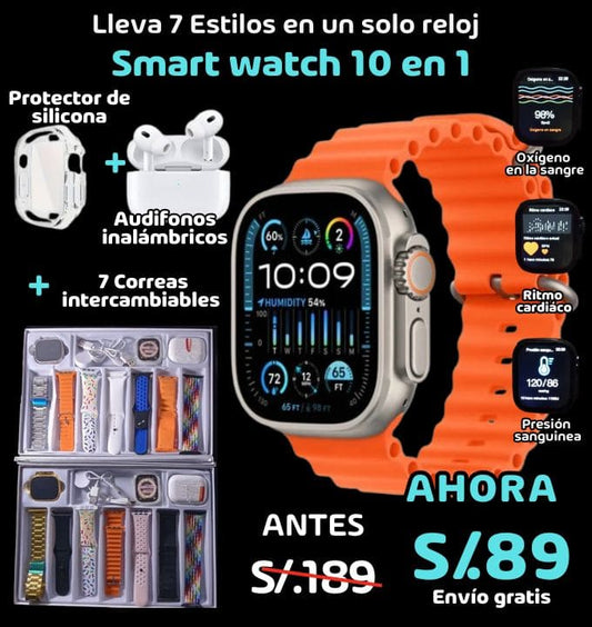 Smartwatch 10 en 1 con carga inalámbrica  + 7 Correas , audÍfonos y protector.