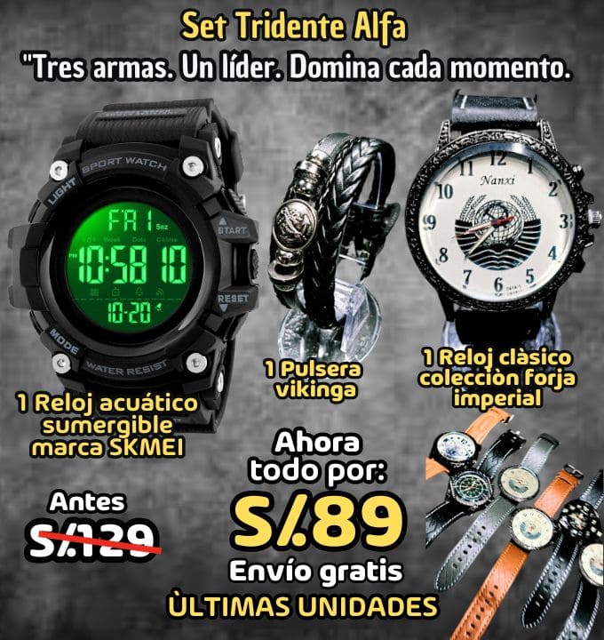 TRIDENTE ALFA: 1 RELOJ SKMEI ORIGINAL + 1 RELOJ CASUAL + 1 PULSERA VIKINGO