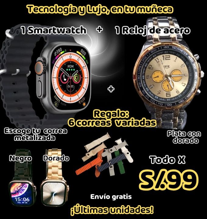 SET SMARTWATCH CORREA METALIZADA + 6 CORREAS / REGALO: RELOJ LUJOSO DE  ACERO