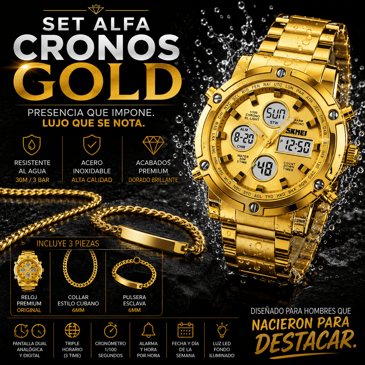 SET ALFA CRONOS GOLD ( Reloj Skmei + Pulsera + Collar)