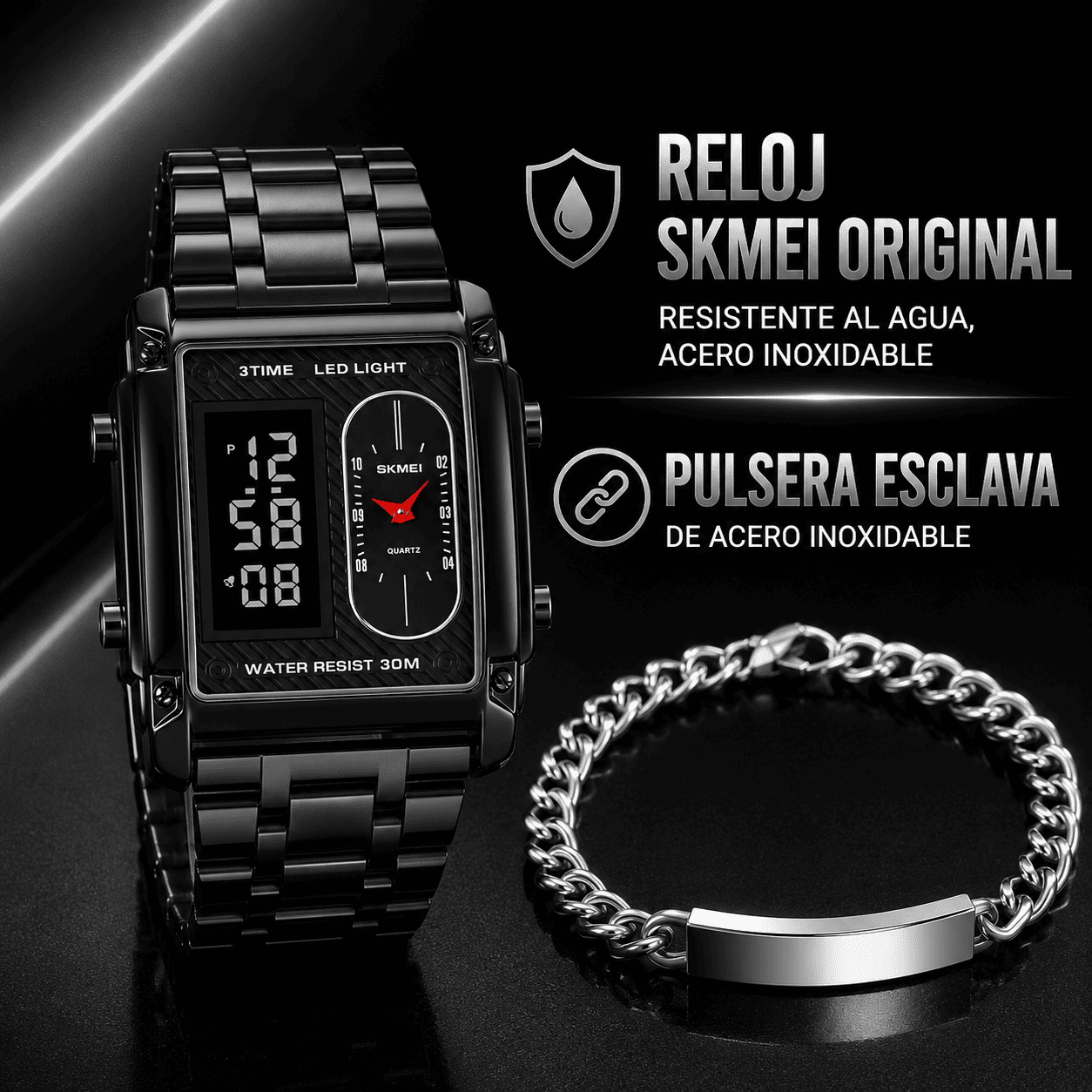 SET VECTOR STEEL: RELOJ ORIGINAL SKMEI Y PULSERA DE ACERO