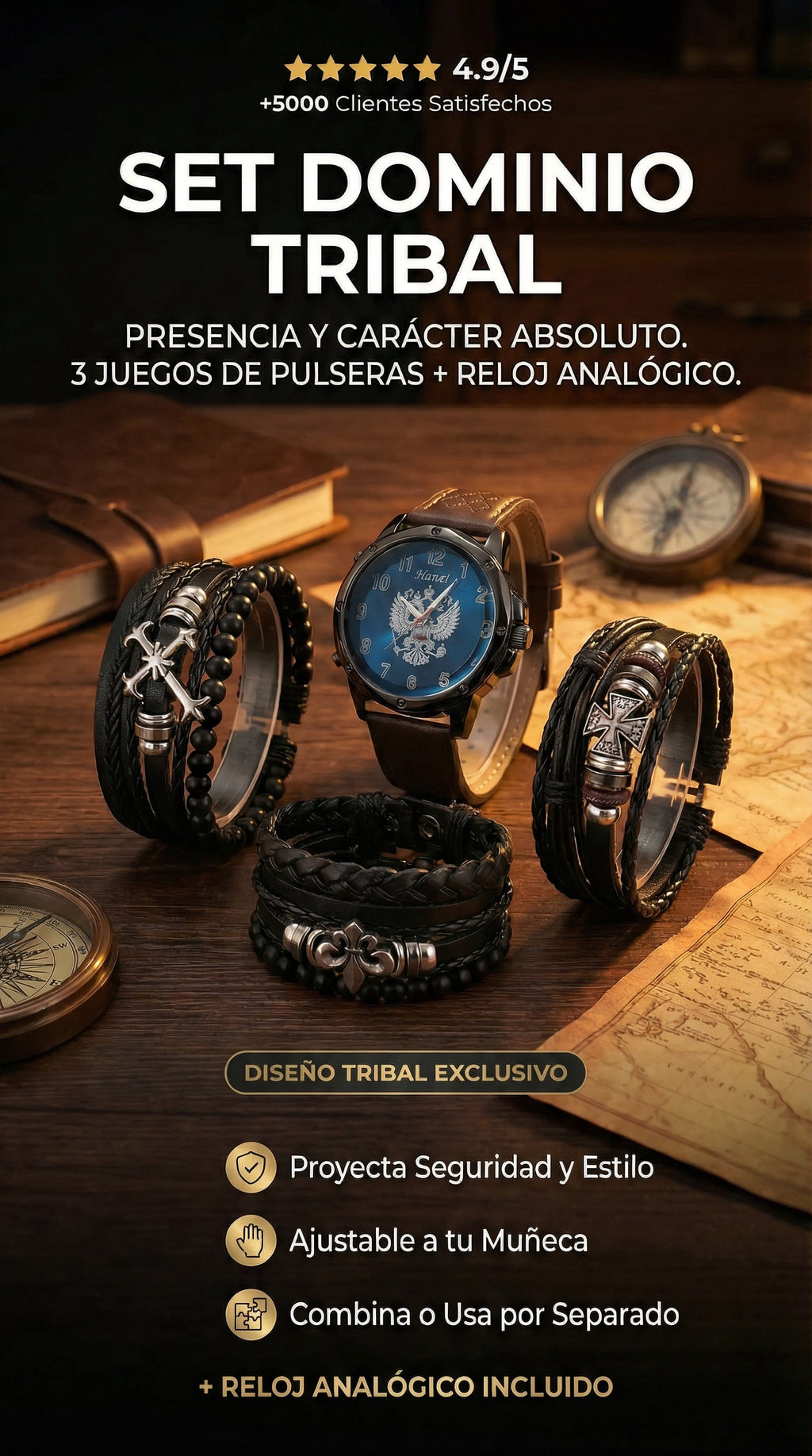 SET DOMINIO TRIBAL - 3 Juegos de pulseras (Total 9 pulseras) + Reloj Básico de Regalo